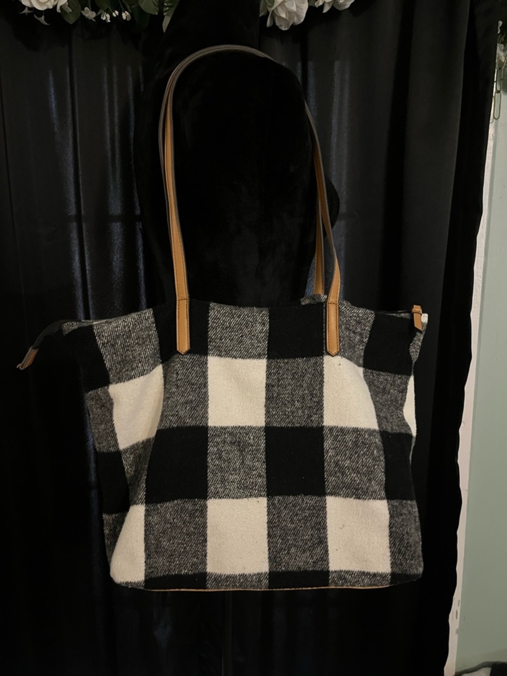 Black & White Plaid Tote Bag with Tan Handles - Picture 2 of 5